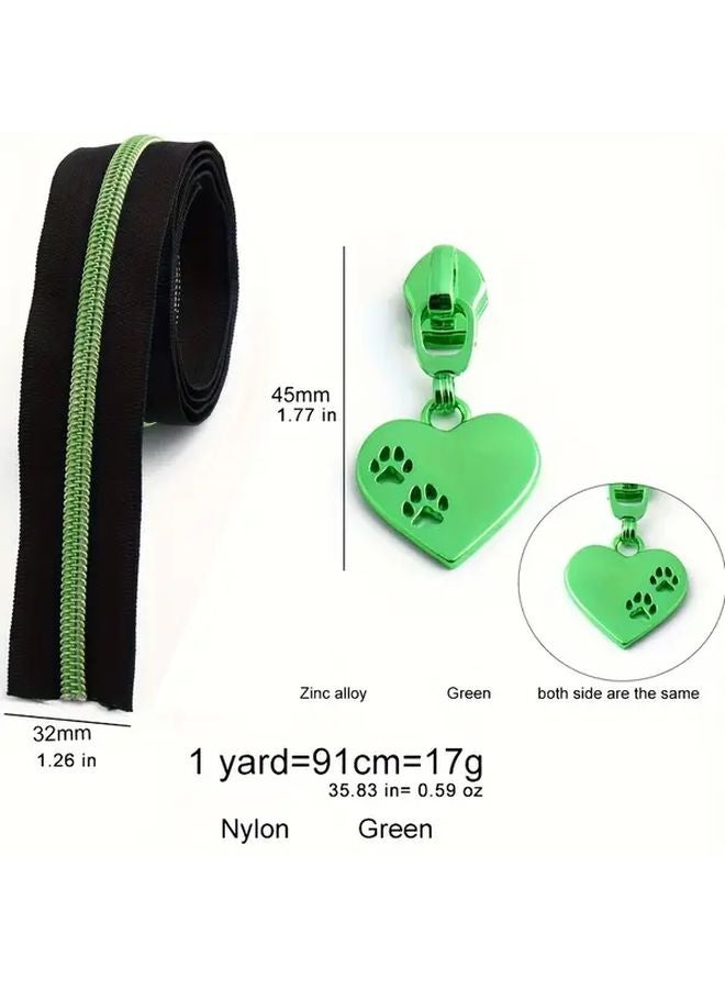 Green Zipper Pull Tabs Kit 2 Yards Fabric 5 Metal Heart Pulls For Bags Wallets DIY - Image 4