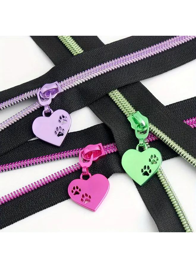 Green Zipper Pull Tabs Kit 2 Yards Fabric 5 Metal Heart Pulls For Bags Wallets DIY - Image 2