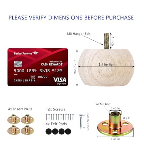 Maricome 2 Inch Bun Feet for Furniture Unfinished Solid Hardwood Round Ottoman/Couch/Sofa Legs Set of 4 M8 Bolt Predrilled - Image 2