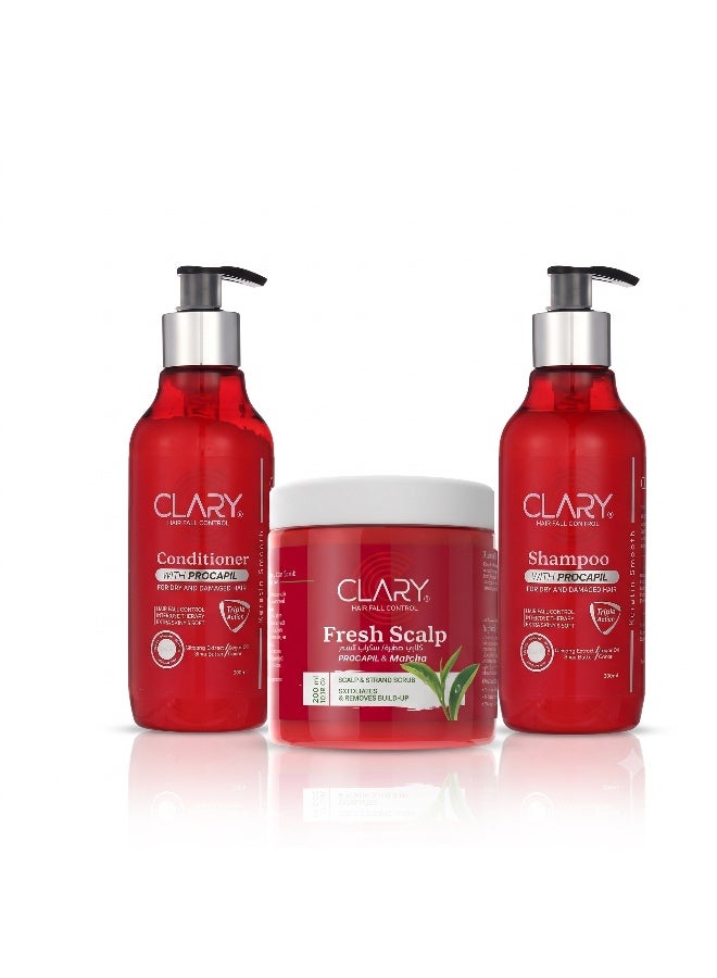 CLARY Hair Care Set - Shampoo 300ml + Conditioner 300ml + Fresh Scalp Scrub 300ml (Pack of 3)