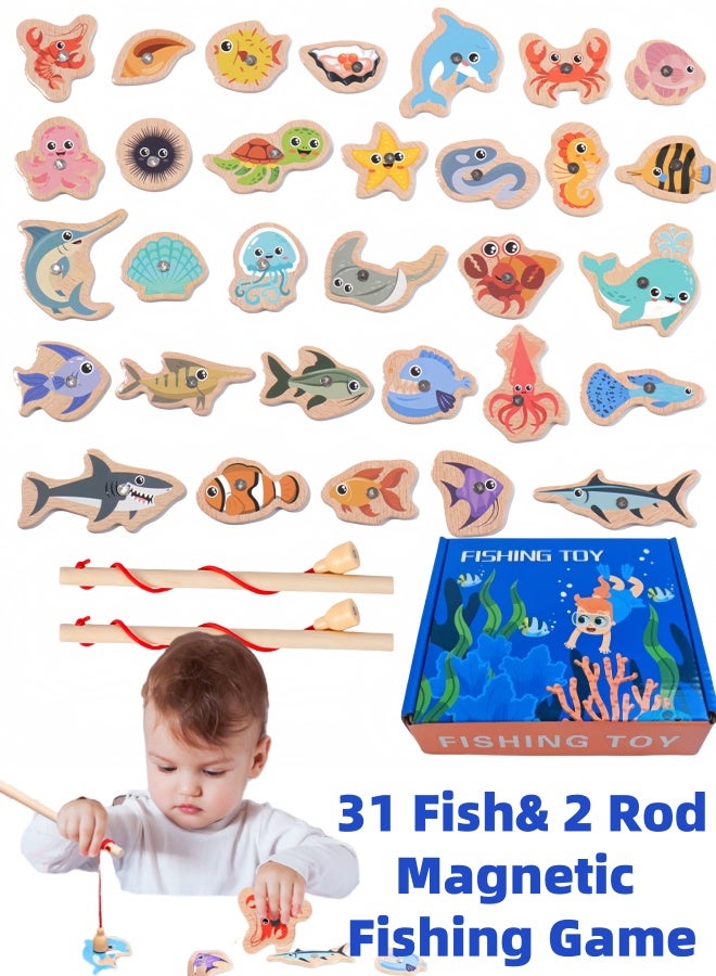 Magnetic Fishing Game,Montessori,Wooden Learning Toy with 31 Fish& 2 Rod,Travel-Friendly Toy,Magnet Toy,Fine Motor Skills for Toddler - Image 1