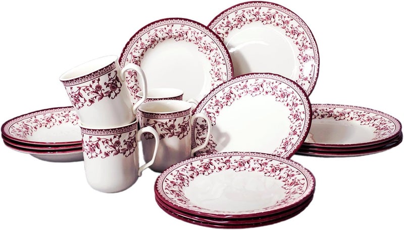 TUDOR ENGLAND مجموعة أدوات المائدة المستديرة تودور رويال 16 قطعة خدمة لـ 4 تصميم أستر الوردي أطباق زهور حمراء وأوعية وأطباق عالية اللمعان جودة ممتازة - Image 3