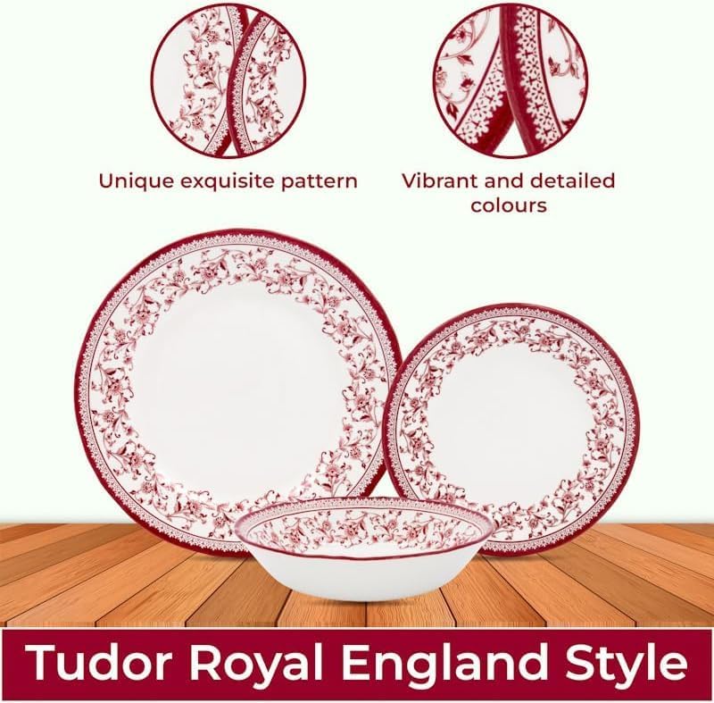 TUDOR ENGLAND مجموعة أدوات المائدة المستديرة تودور رويال 16 قطعة خدمة لـ 4 تصميم أستر الوردي أطباق زهور حمراء وأوعية وأطباق عالية اللمعان جودة ممتازة - Image 2