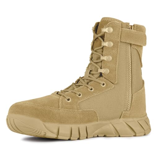 FREE SOLDIER Men's 8 Inch Tactical Side Zip Boots Military Army Work Boots Lightweight Combat Boot for Motorcycle Boot(Tan 10.5)