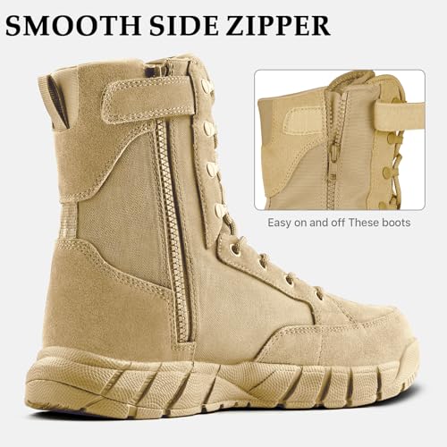 FREE SOLDIER Men's 8 Inch Tactical Side Zip Boots Military Army Work Boots Lightweight Combat Boot for Motorcycle Boot(Tan 10.5) - Image 2