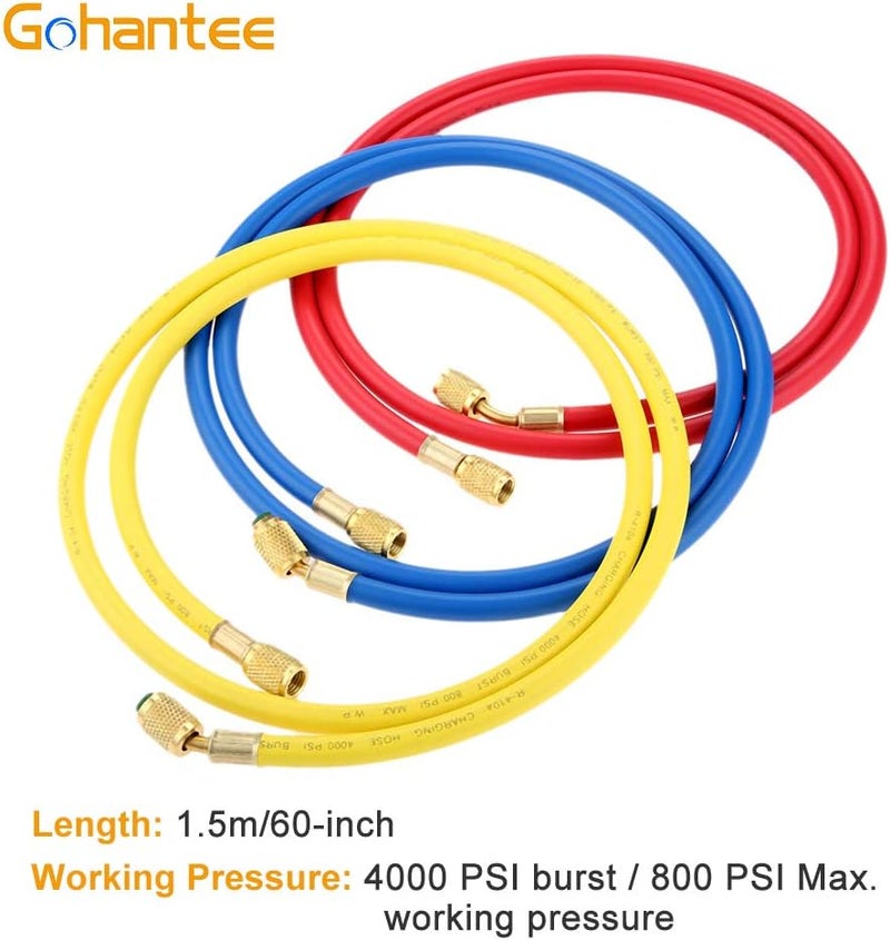 gohantee مجموعة خراطيم شحن R410A AC من بطول 60 بوصة، موصل 1/4 بوصة SAE، ضغط 800 PSI، لخراطيم مكيفات الهواء والتبريد R134A R12 R22 - Image 2