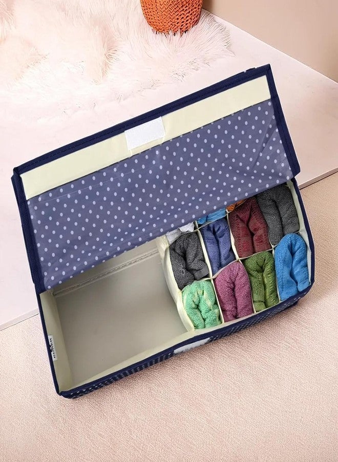 SHONIL Multipurpose Foldable Undergarments Organizer 16+1 Compartments Polyester Storage Box for Socks Belts Ties Innerwear 46x28x13 cm Navy Blue Polka Dot - Image 3