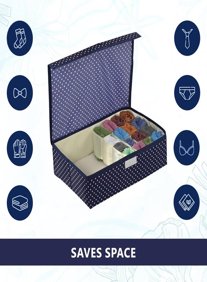 SHONIL Multipurpose Foldable Undergarments Organizer 16+1 Compartments Polyester Storage Box for Socks Belts Ties Innerwear 46x28x13 cm Navy Blue Polka Dot - Image 4