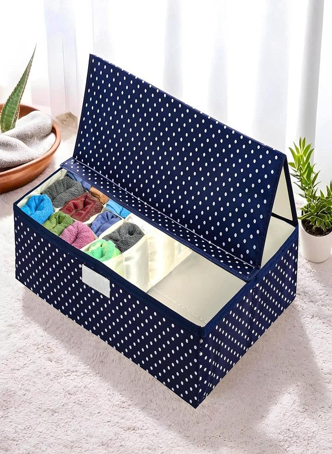 SHONIL Multipurpose Foldable Undergarments Organizer 16+1 Compartments Polyester Storage Box for Socks Belts Ties Innerwear 46x28x13 cm Navy Blue Polka Dot - Image 1