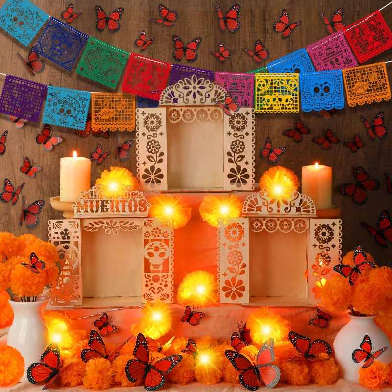 Colingmill 49pcs Dia De Los Muertos Decorations Set Muertos Ofrenda Altar Wooden Shadow Box Day of the Dead Banners Marigold Heads Papel Picado Butterfly Hanging for Remembrance Picture Frame Supplies - Image 2