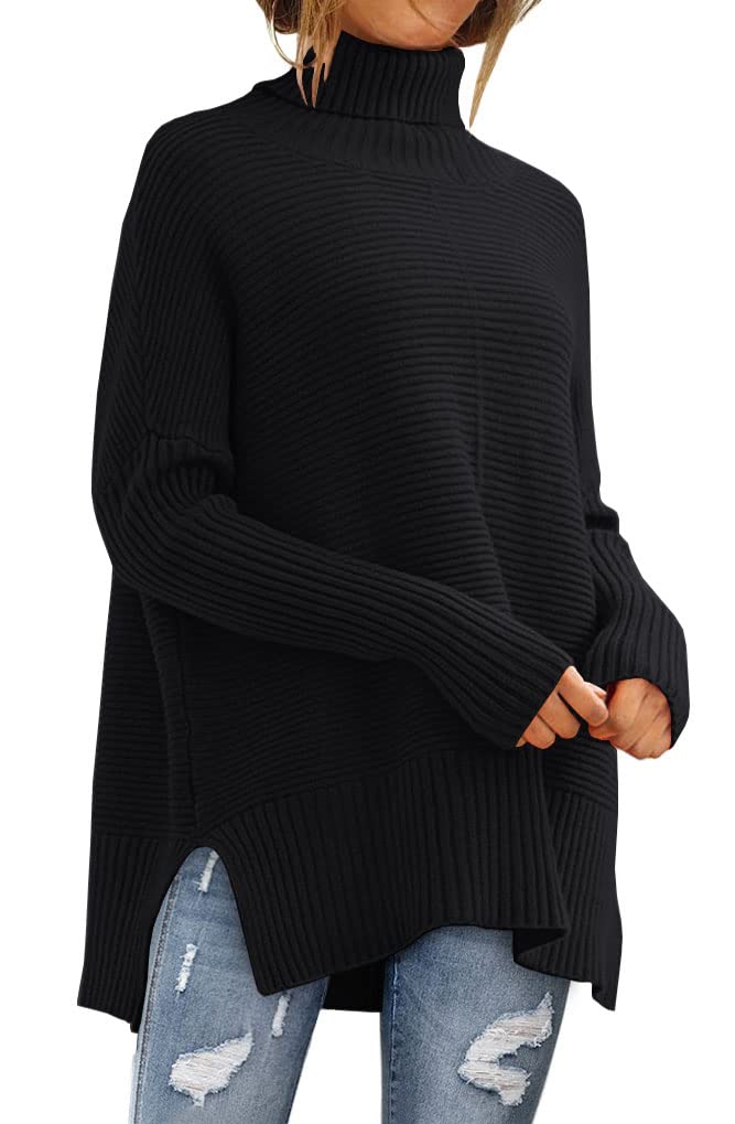 EFAN Womens Turtleneck Oversized Sweaters Fall Outfits Clothes Trendy Long Pullover Knit Winter Tunic 2025 Black M