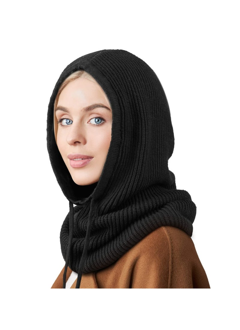 CMGTYYD - Winter Hats Balaclava Knit Beanie with Adjustable Drawstring Warm Hooded Scarf  Cap - One Size - Image 1