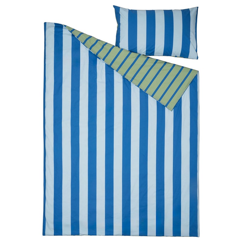 Baitique Kids Duvet Cover and Pillowcase Set, Cotton, Blue/Green Stripe, 150x200/50x80 cm - Image 2