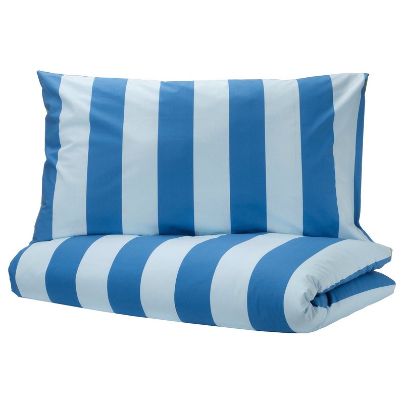 Baitique Kids Duvet Cover and Pillowcase Set, Cotton, Blue/Green Stripe, 150x200/50x80 cm - Image 1