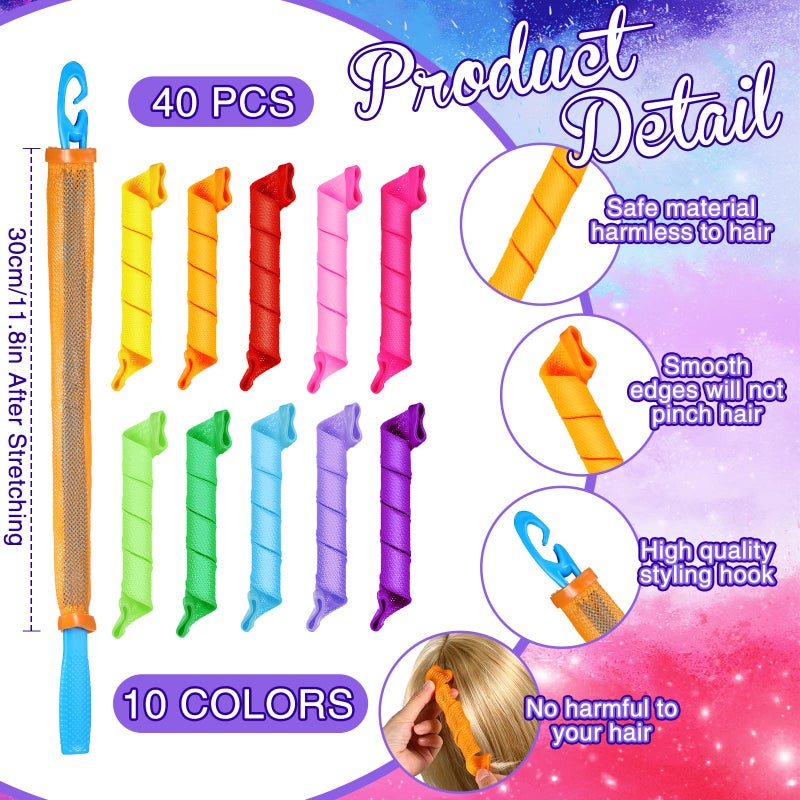 Yilloog 40 Pieces Hair Curlers Kit Heatless Spiral Curlers Tools with 2 Styling Hooks and 1 Storage Bag Multicolor Magic Curls Rollers for Women Long Medium Short Hair Classic Style - Image 2