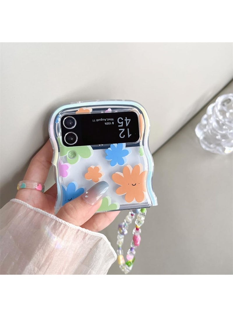 SOLARAE Compatible with Samsung Galaxy Z Flip 5 5G Case, Pink Flower Print with Beads Strap, Woman Case for Galaxy Z Flip 5 Soft Silicone, Pink Flower - Image 4