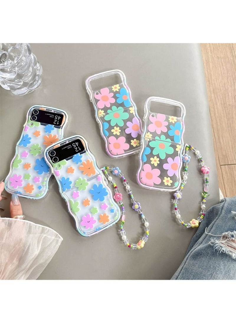 SOLARAE Compatible with Samsung Galaxy Z Flip 5 5G Case, Pink Flower Print with Beads Strap, Woman Case for Galaxy Z Flip 5 Soft Silicone, Pink Flower - Image 5