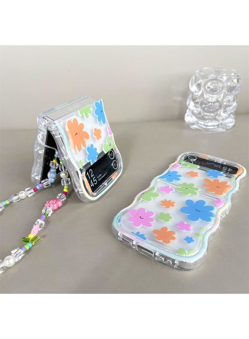 SOLARAE Compatible with Samsung Galaxy Z Flip 5 5G Case, Pink Flower Print with Beads Strap, Woman Case for Galaxy Z Flip 5 Soft Silicone, Pink Flower - Image 3