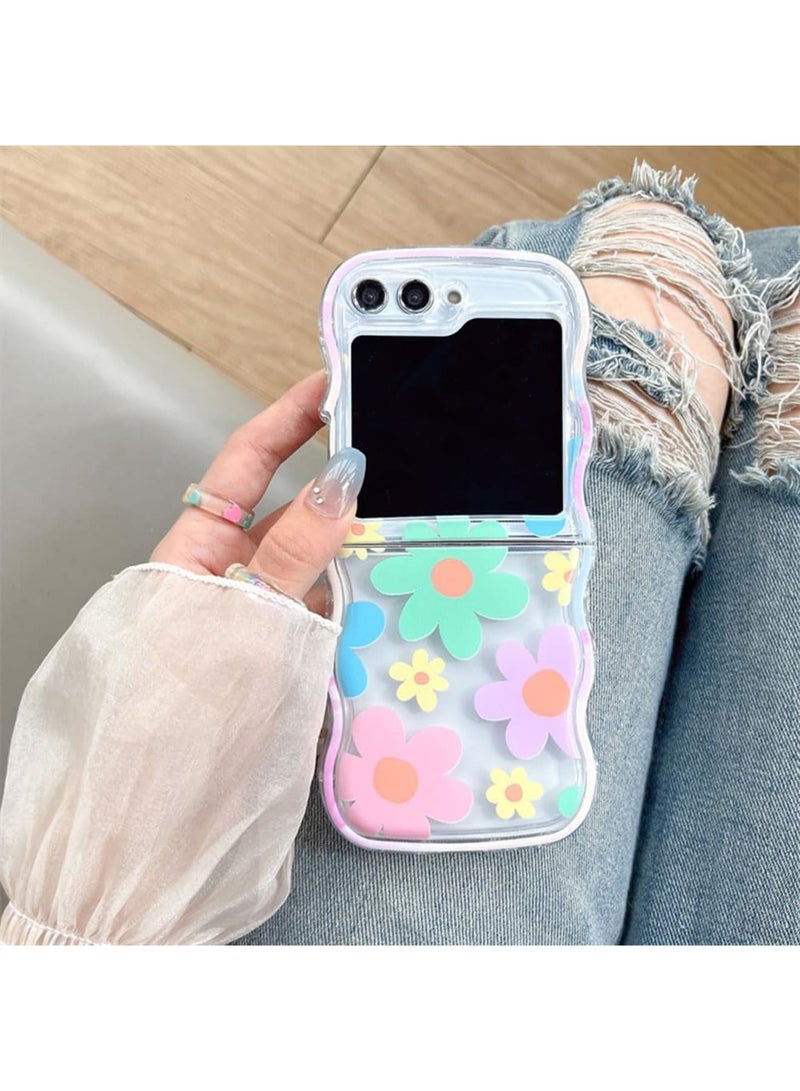 SOLARAE Compatible with Samsung Galaxy Z Flip 5 5G Case, Pink Flower Print with Beads Strap, Woman Case for Galaxy Z Flip 5 Soft Silicone, Pink Flower - Image 2