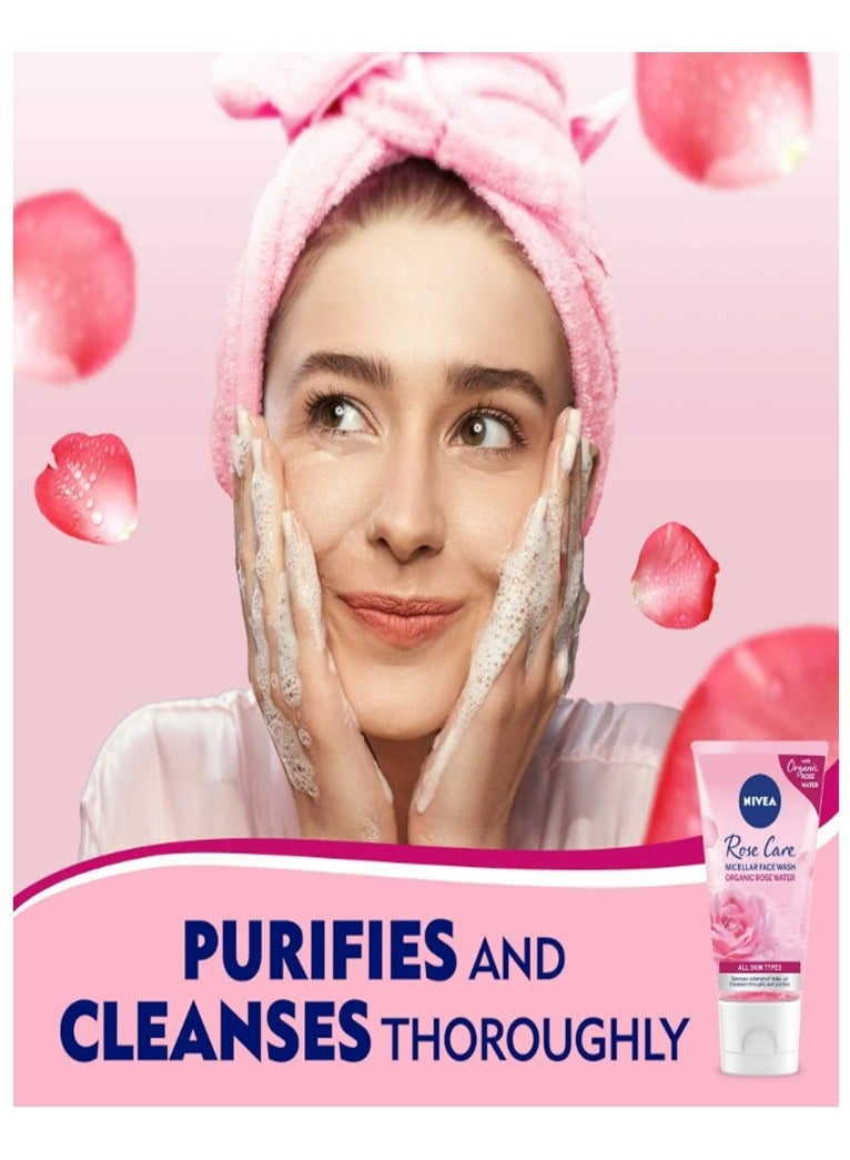 Nivea Face Wash Micellar, Rose Care with Organic Rose, All Skin Types, 150ml - Image 2