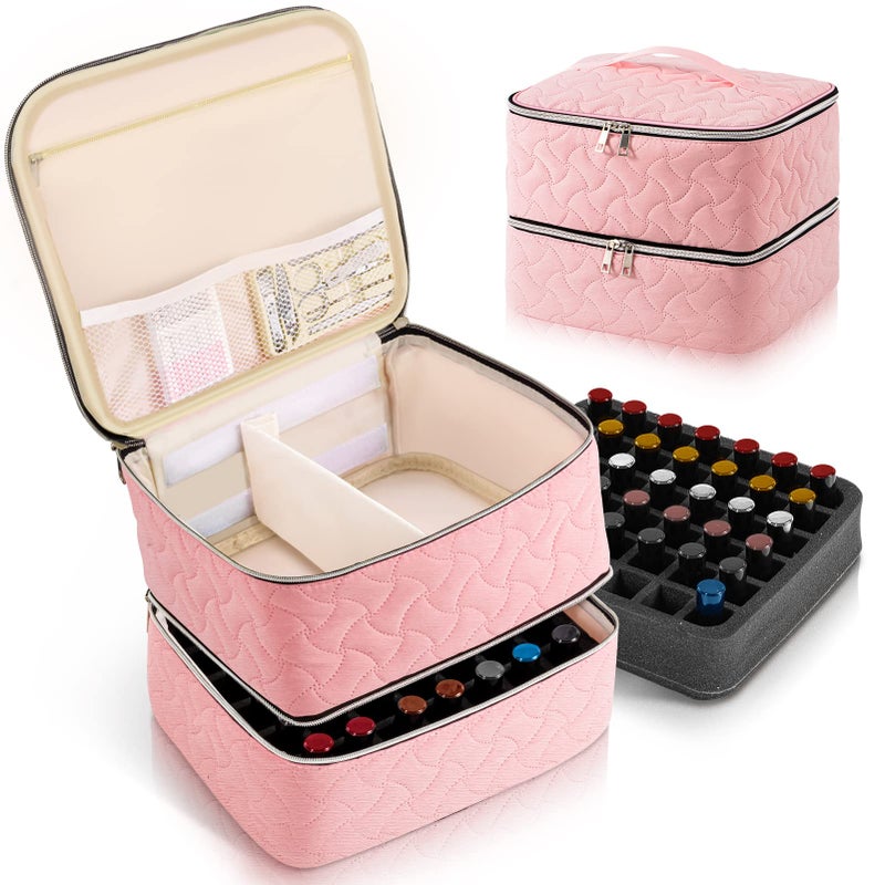 DreamGenius Nail Polish Organizer Case Holds 42 Bottles Portable DoubleLayer Nail Polish Storage Bag with Adjustable Dividers for Manicure Tools Pink