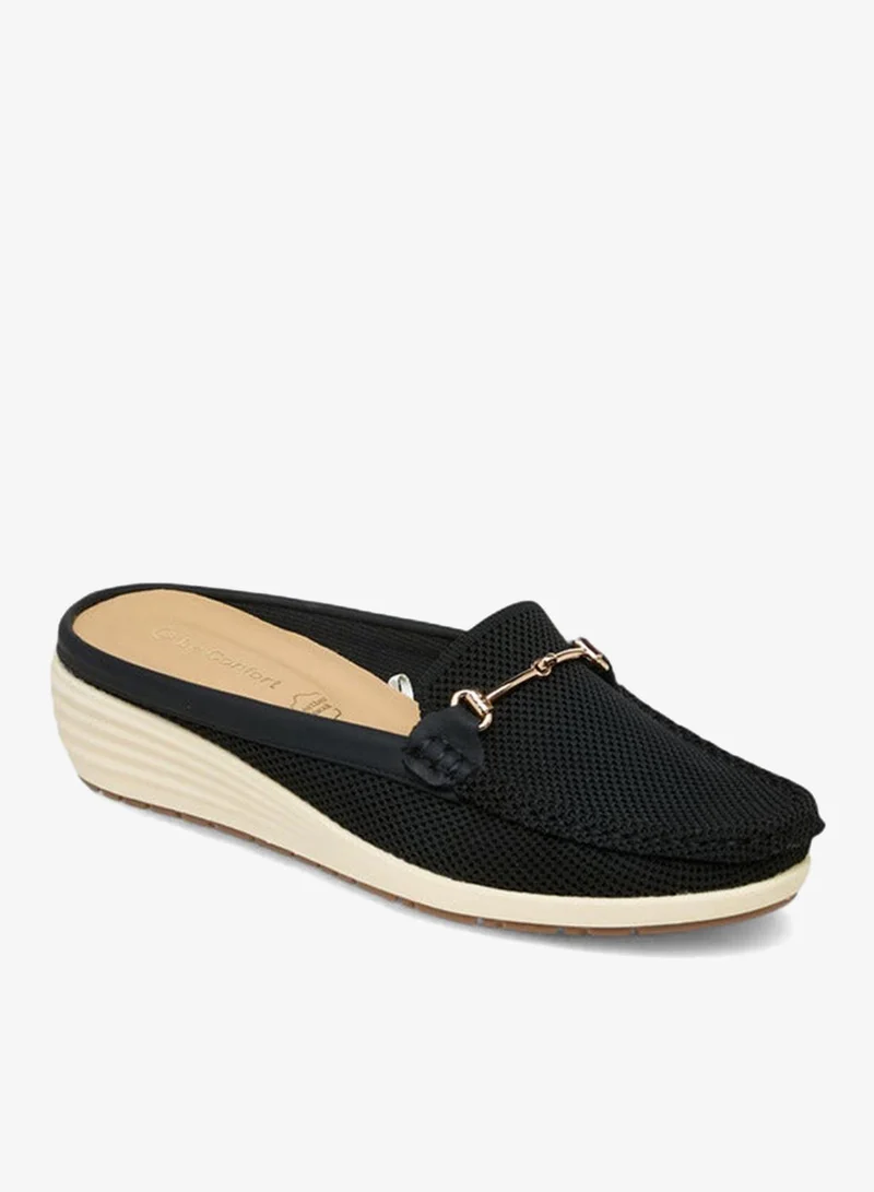 Le Confort Metal Accent Flyknit Slip-On Mules With Wedge Heels
