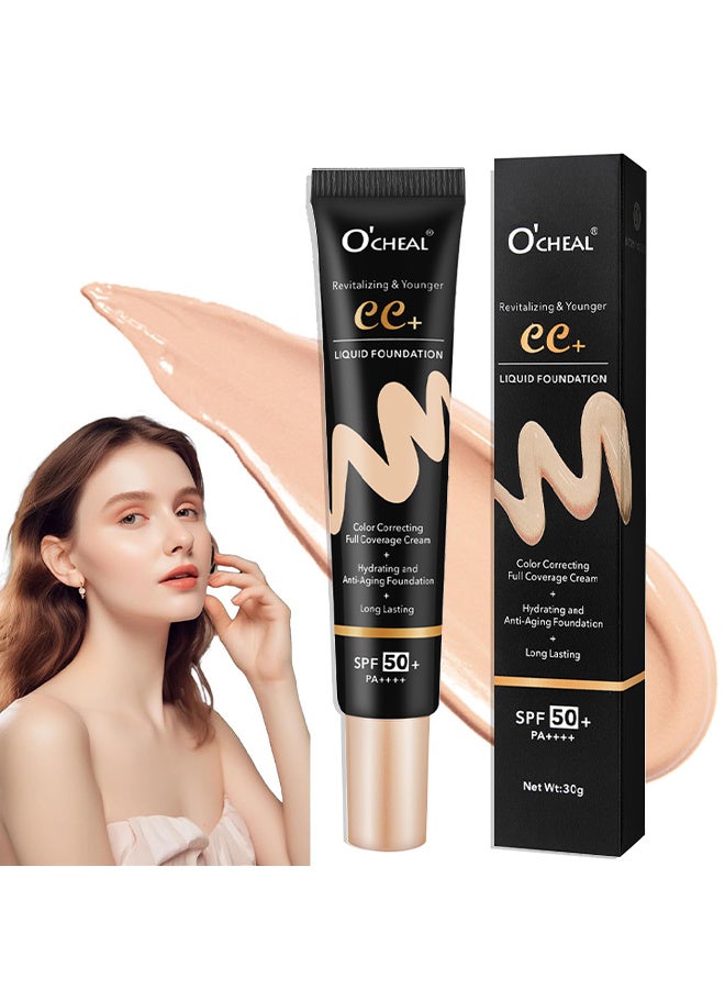 OCHEAL CC + Liquid Foundation - SPF50+ Sunscreen, Colour Correcting Face Sunscreen And Foundation, Pre-Makeup Primer Moisturizing Skin Concealer - Image 1