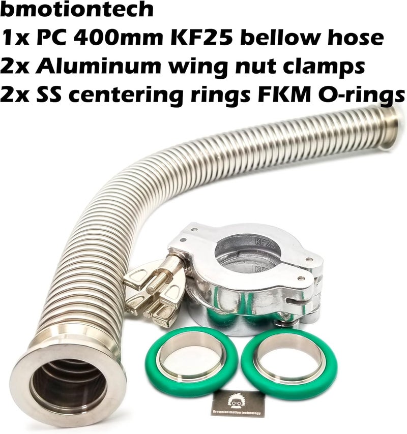 BROWNIAN MOTION TECHNOLOGY bmotiontech ISO-KF KF25 Corrugated Bellow Hose Set with 2X Aluminum clamp / 2X SS Centering Ring / 2X FKM O-Ring (400mm or 16" KF25) - Image 2