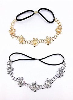 Yueton 2Pcs Gold And Silver Pearl Flower Elastic Headband Hair Band Women Hair Jewelry Accessories  - Image 1