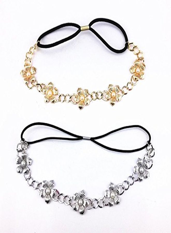 Yueton 2Pcs Gold And Silver Pearl Flower Elastic Headband Hair Band Women Hair Jewelry Accessories - Image 1