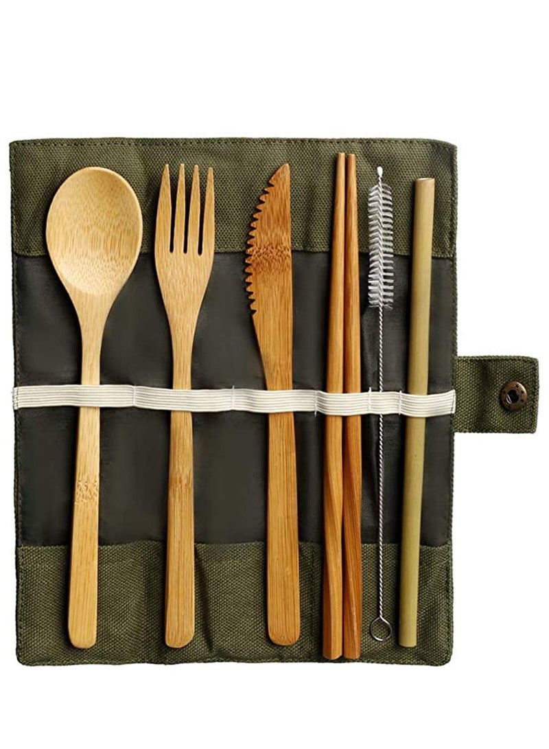 SYOSI Bamboo Cutlery Set, Bamboo Travel Utensils Include Knife Fork Spoon Chopsticks Straws - Image 1
