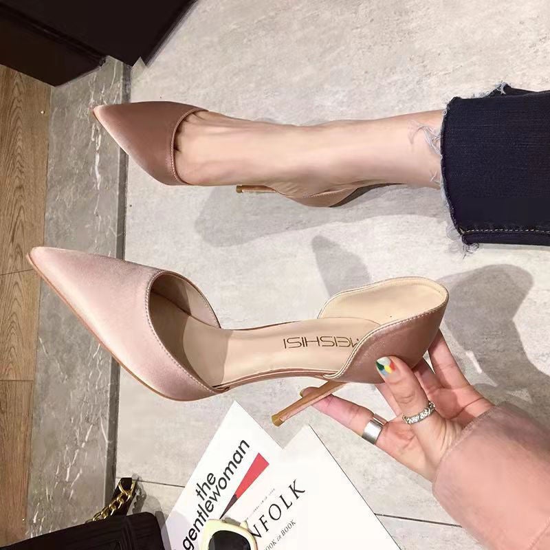 2025 Spring Small Fresh Girl French Nude High Heels Satin Stiletto Heels Pointed Toe Black Hollow Single Shoes Wedding Shoes - Image 2