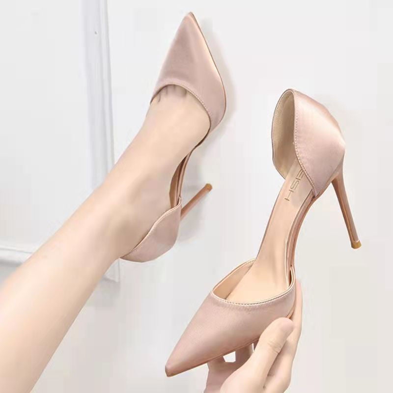 2025 Spring Small Fresh Girl French Nude High Heels Satin Stiletto Heels Pointed Toe Black Hollow Single Shoes Wedding Shoes - Image 1