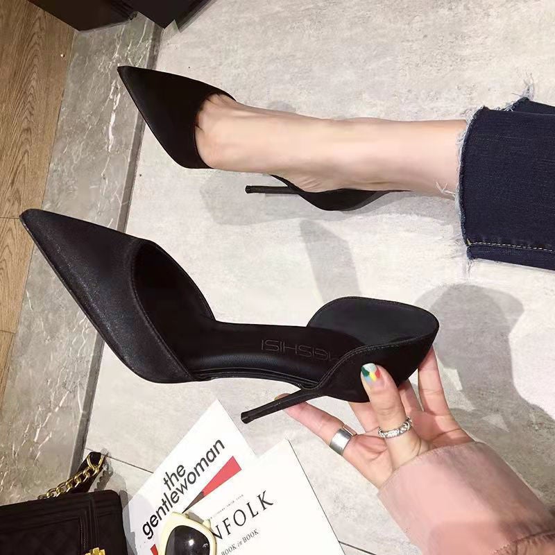 2025 Spring Small Fresh Girl French Nude High Heels Satin Stiletto Heels Pointed Toe Black Hollow Single Shoes Wedding Shoes - Image 3