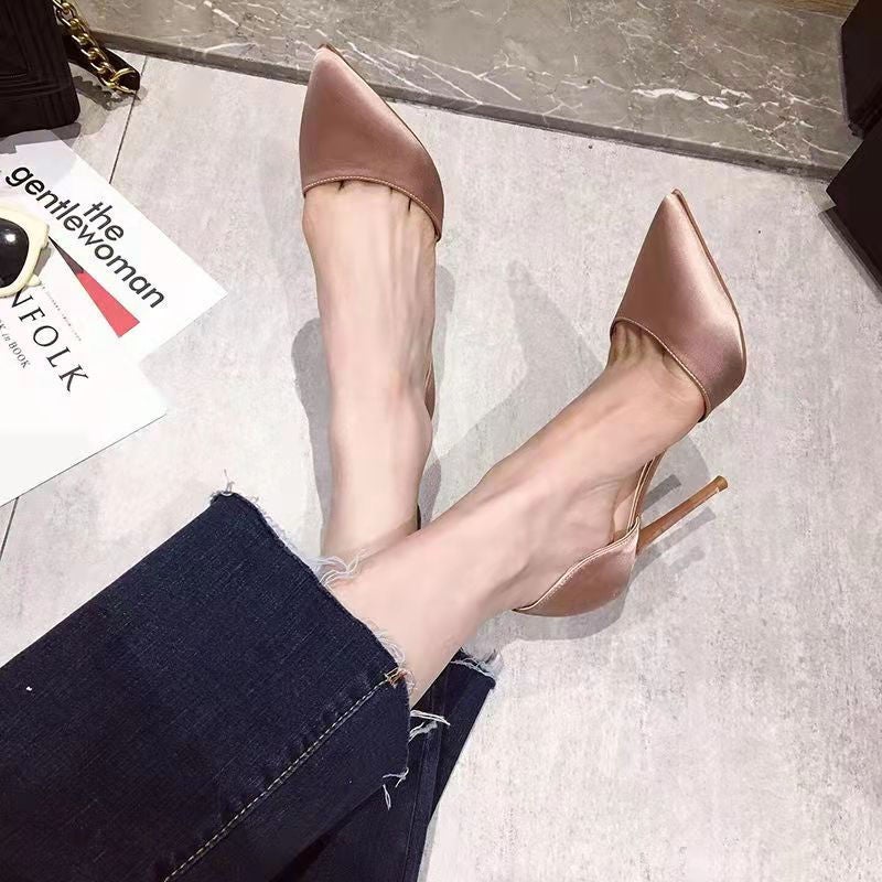 2025 Spring Small Fresh Girl French Nude High Heels Satin Stiletto Heels Pointed Toe Black Hollow Single Shoes Wedding Shoes - Image 5