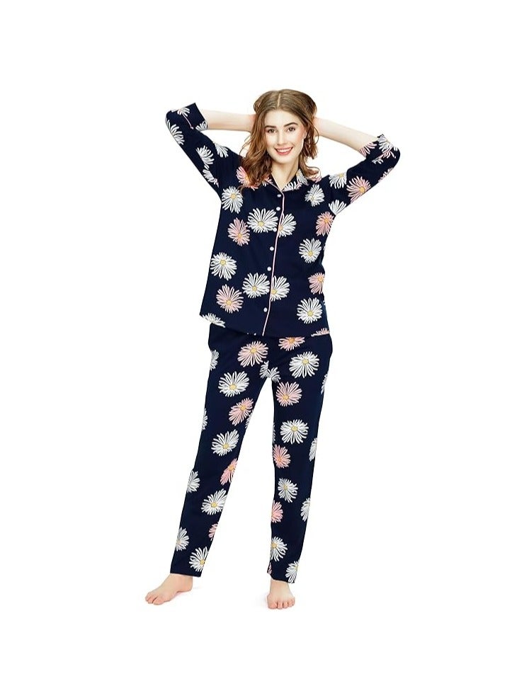 Accessorize Kingdom Night Suit for Women's Floral Printed Cotton Night Dress of Shirt and Pajama Set  - Image 1