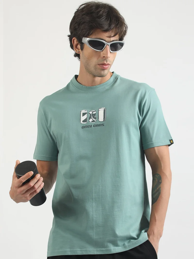 مانياك Maniac Mens Printed Round Neck Half Sleeve Light Grey Cotton T-Shirt