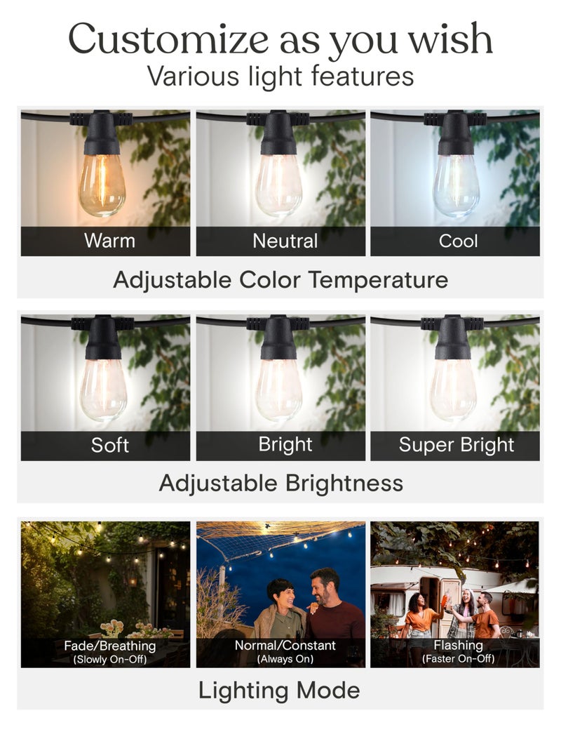 Brightech Ambience Pro Solar String Lights for Outside - Super Bright Remote Control Color Adjustable Outdoor String Light - Commercial Grade String, 15 Waterproof LED Bulbs for Patios, Camping - 48Ft - Image 5