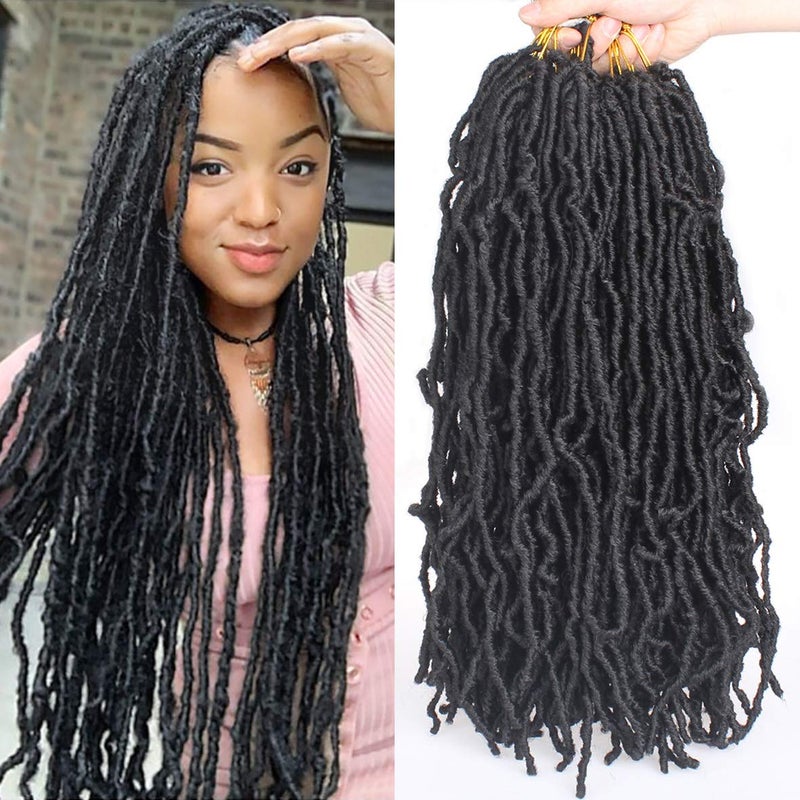 Leeven 18 Inch 7 Packs Prelooped New Faux Loc Crochet Braids 84 Roots Natural Black Soft Locs Crochet Hair 1B Goddess Locs Hair Extension Curly Faux Locs Braiding Hair for Women