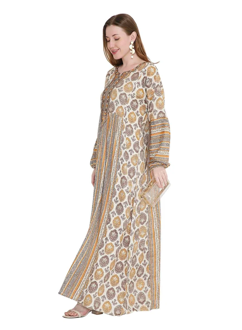 HANA & SARA glamorous long viscose printed farasha with unique embroidered thread detailing arabic kaftan jalabiya dress