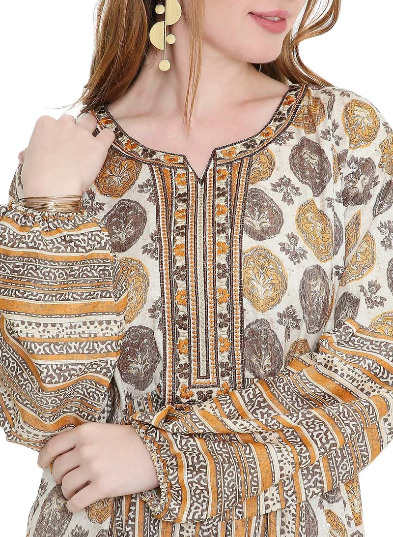 HANA & SARA glamorous long viscose printed farasha with unique embroidered thread detailing arabic kaftan jalabiya dress