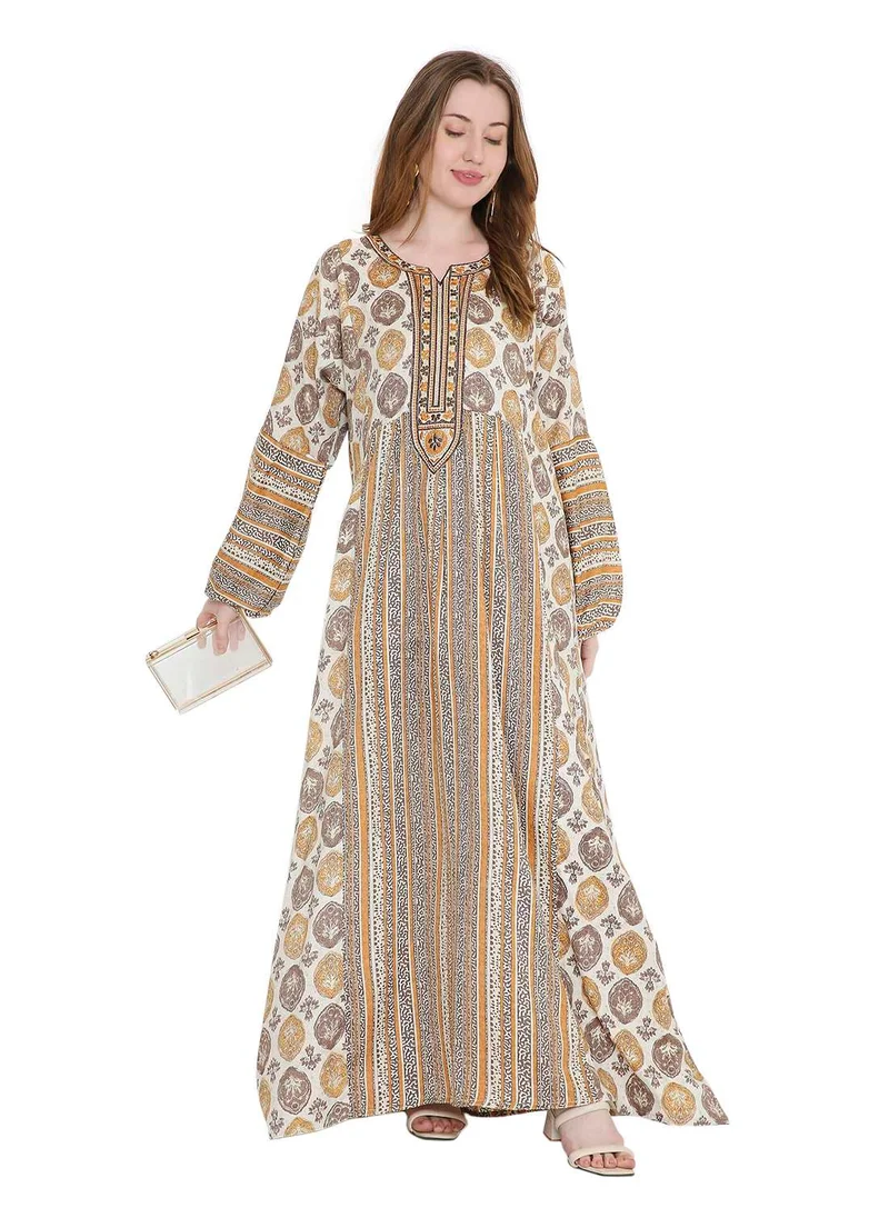 هانا آند سارا glamorous long viscose printed farasha with unique embroidered thread detailing arabic kaftan jalabiya dress