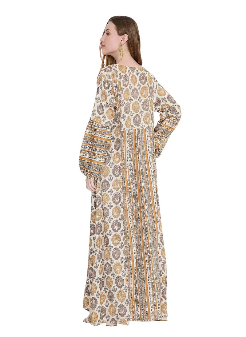 هانا آند سارا glamorous long viscose printed farasha with unique embroidered thread detailing arabic kaftan jalabiya dress