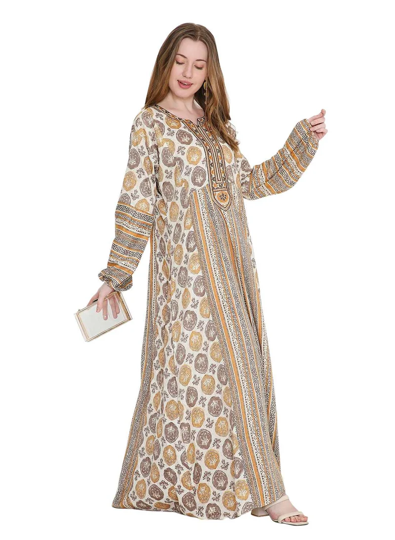 HANA & SARA glamorous long viscose printed farasha with unique embroidered thread detailing arabic kaftan jalabiya dress