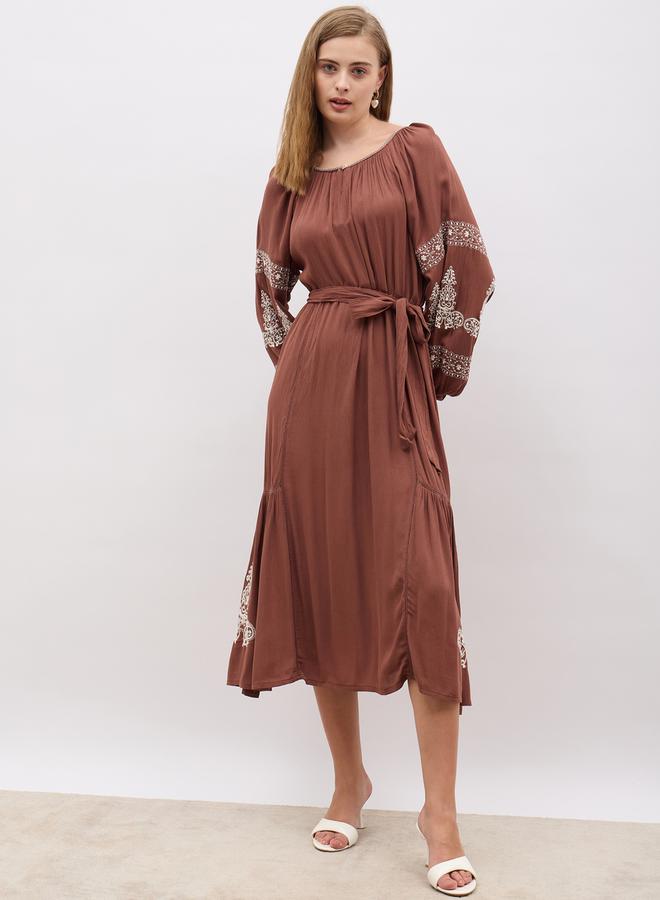 Styli Embroidered Long Sleeves A-Line Midi Dress with Tie Detail  - Image 2