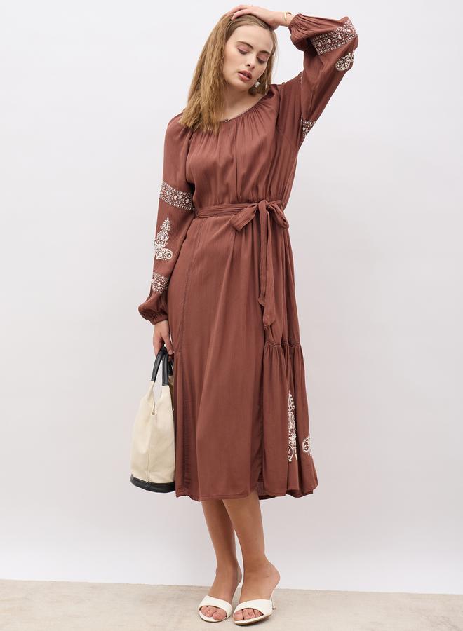 Styli Embroidered Long Sleeves A-Line Midi Dress with Tie Detail  - Image 1