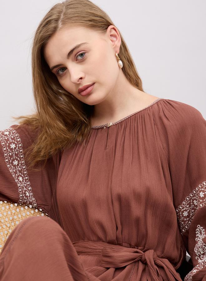 Styli Embroidered Long Sleeves A-Line Midi Dress with Tie Detail  - Image 4