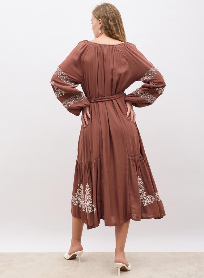 Styli Embroidered Long Sleeves A-Line Midi Dress with Tie Detail  - Image 5