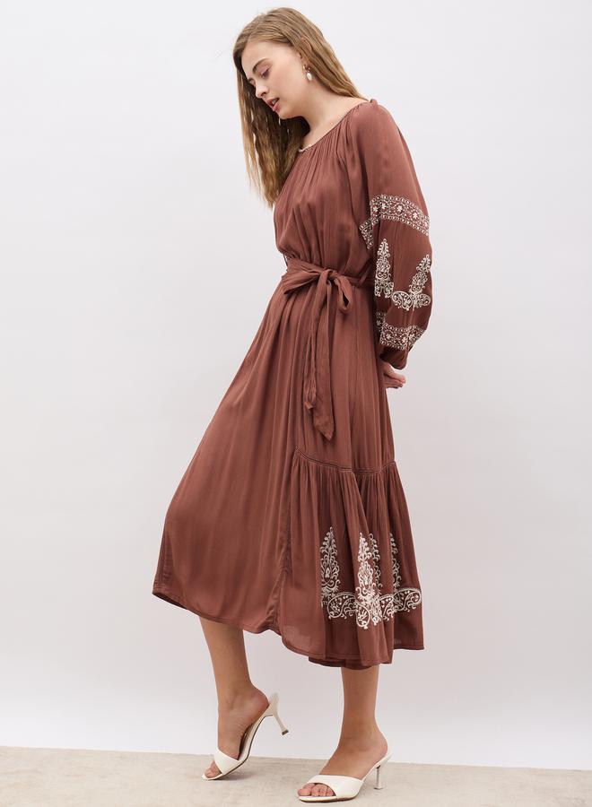 Styli Embroidered Long Sleeves A-Line Midi Dress with Tie Detail  - Image 3