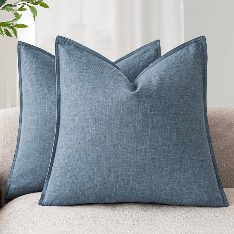 Foindtower Set of 2, Decorative Linen Soild Throw Pillow Covers Soft Accent Euro Cushion Case Boho Farmhouse Neutral Pillowcase for Couch Sofa Bedroom Living Room Home Decor 26 x 26 Inch Misty Blue - Image 1